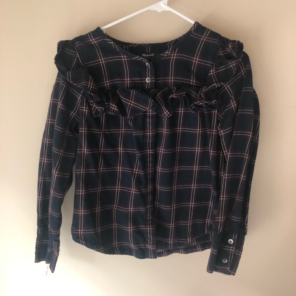 Madewell plaid button up flannel with ruffle